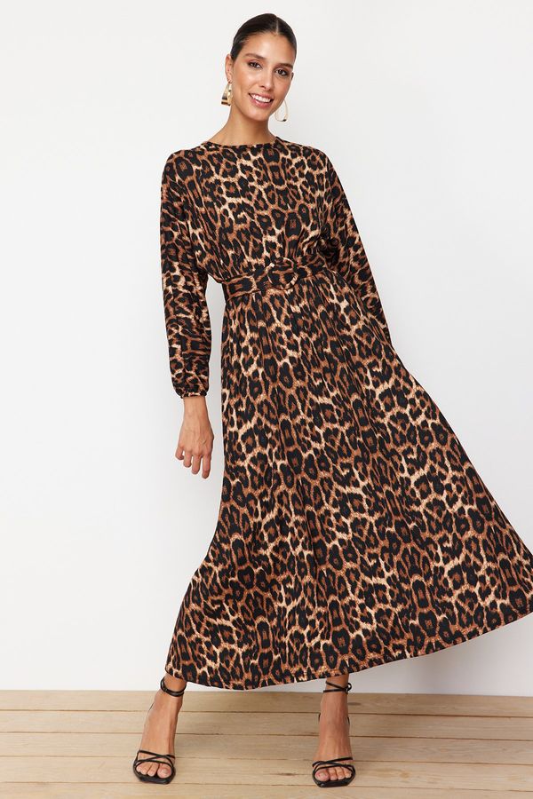 Trendyol Trendyol Brown Leopard Patterned Belt Detailed Crinkle Woven Dress