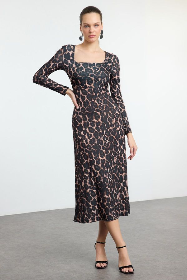 Trendyol Trendyol Brown Leopard Printed Maxi Flounce Fitted Maxi Stretch Knit Dress