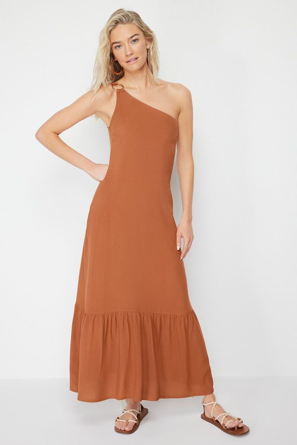Trendyol Trendyol Brown Midi Woven One Shoulder Beach Dress with Accessories