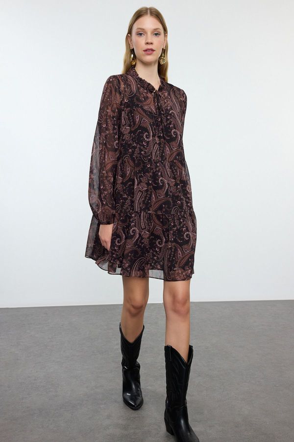 Trendyol Trendyol Brown Paisley Patterned Mini Lined Chiffon Woven Dress with Waist Opening Skirt