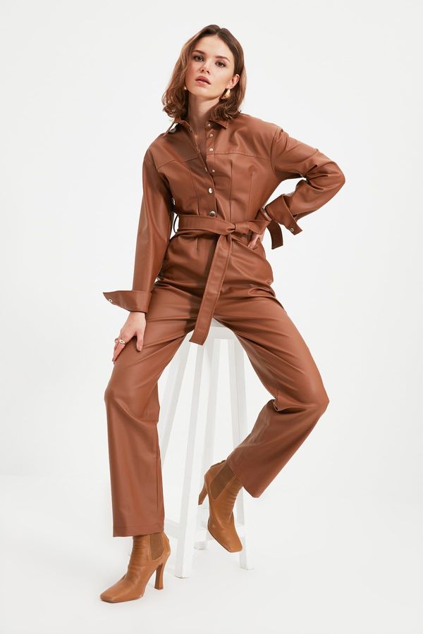 Trendyol Trendyol Brown Petite Belted Leather Look Jumpsuit