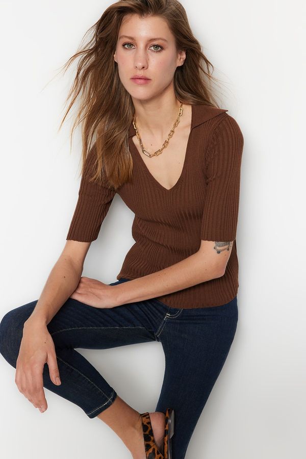 Trendyol Trendyol Brown Polo Collar Basic Knitwear Sweater
