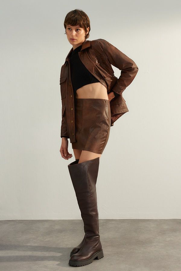 Trendyol Trendyol Brown Premium High Quality Faux Leather Mini Woven Skirt