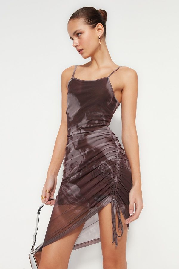 Trendyol Trendyol Brown Printed Knitted Tulle Mini Dress with Shirring Details, Fitted and Lined