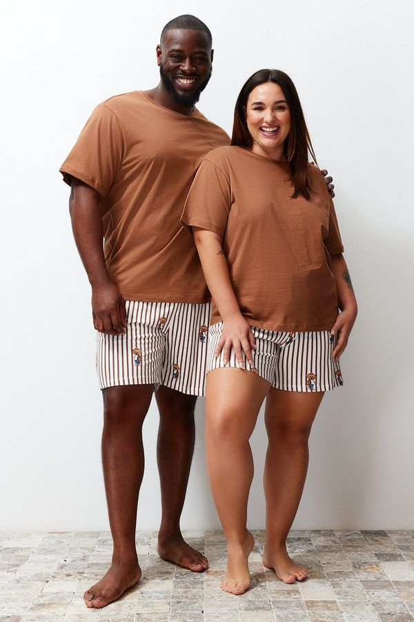 Trendyol Trendyol Brown Regular Fit Teddy Bear Printed Couple Knitted Plus Size Pajamas Set