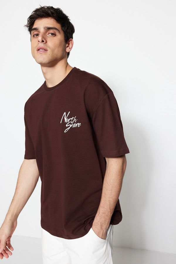 Trendyol Trendyol Brown Relaxed/Comfortable Cut Short Sleeve Text Printed 100% Cotton T-Shirt
