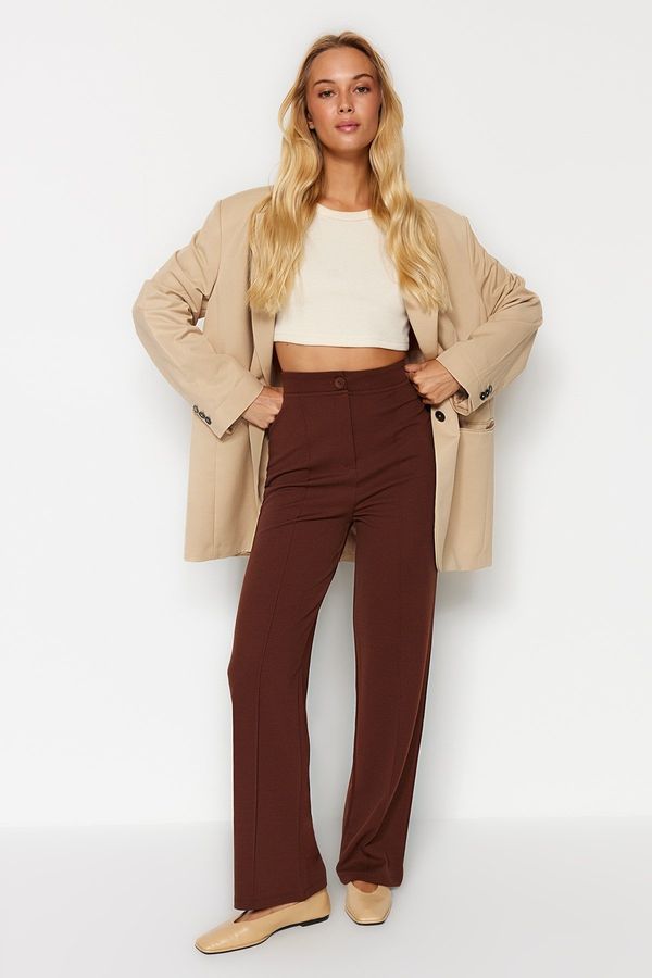 Trendyol Trendyol Brown Ribbed High Waist Straight Fit Knitted Pants