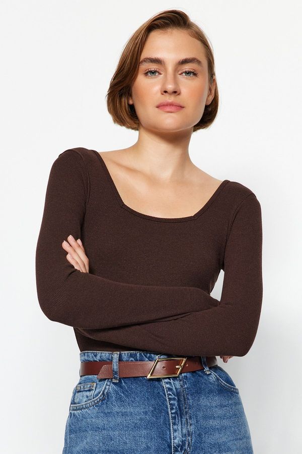 Trendyol Trendyol Brown Square Collar Long Sleeved Corduroy Stretchy Knitted Bodysuit