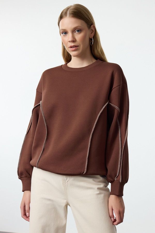 Trendyol Trendyol Brown Stitching Detailed Crew Neck Regular Fit Thick Inside Fleece Knitted Sweatshirt