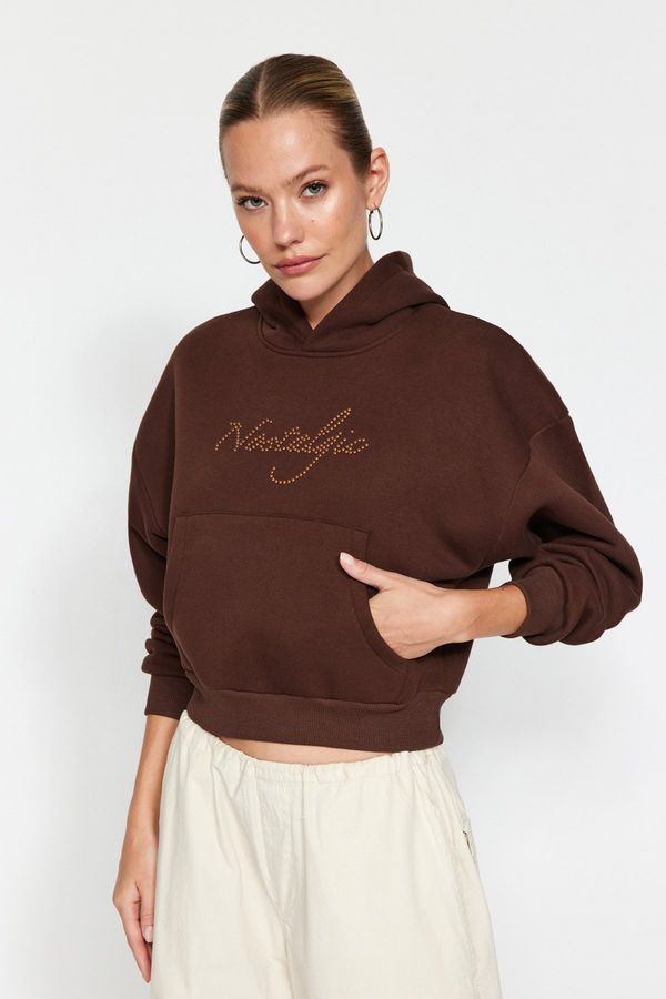 Trendyol Trendyol Brown Stone Motto Printed Crop Regular/Regular Fit Hooded Knitted Sweatshirt