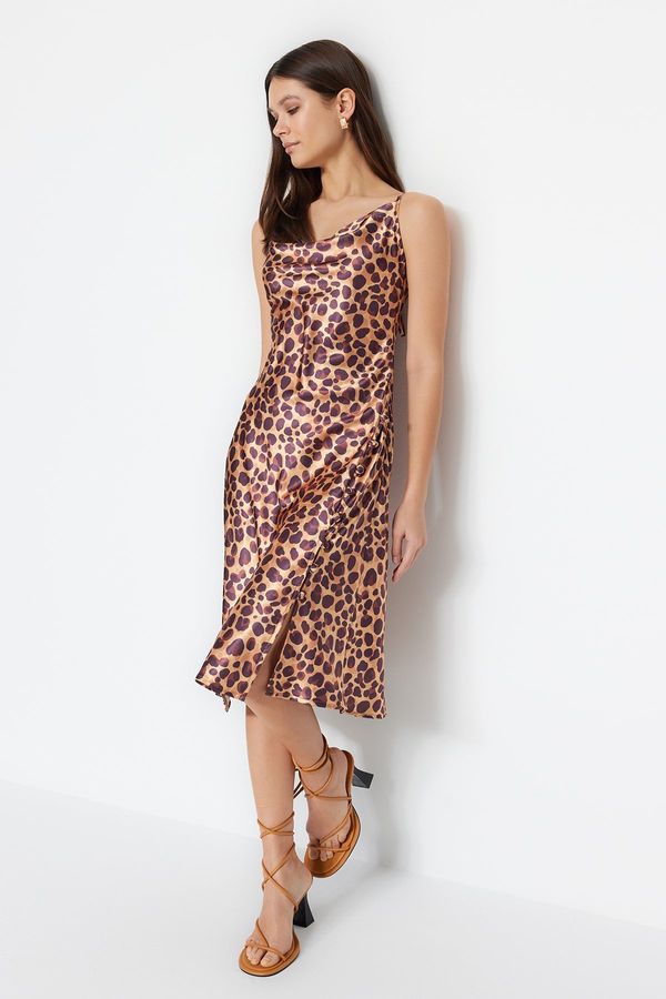 Trendyol Trendyol Brown Straight Cut Satin Midi Weave Leopard Pattern Straps Slack Collar Dress