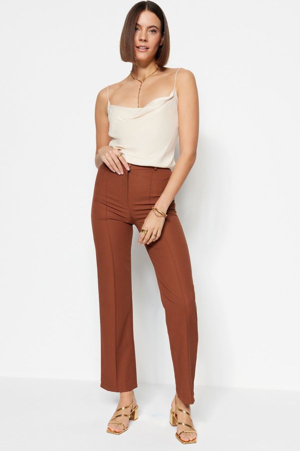 Trendyol Trendyol Brown Straight/Straight Fit High Waist Ribbed Stitched Woven Trousers