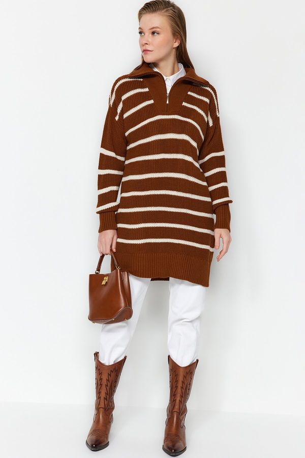 Trendyol Trendyol Brown Striped Collar Zippered Knitwear Sweater