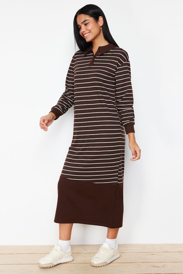 Trendyol Trendyol Brown Striped Polo Collar Knitted Dress