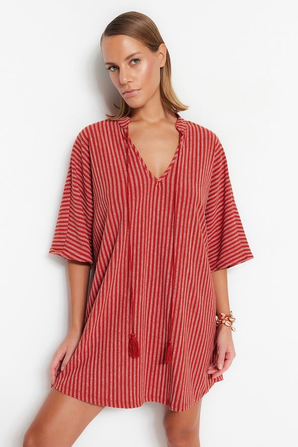 Trendyol Trendyol Brown Striped Wide Fit Mini Knitted Tie Beach Dress