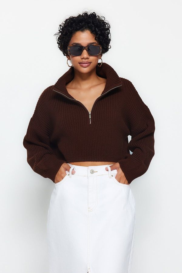 Trendyol Trendyol Brown Super Crop Zippered Knitwear Sweater