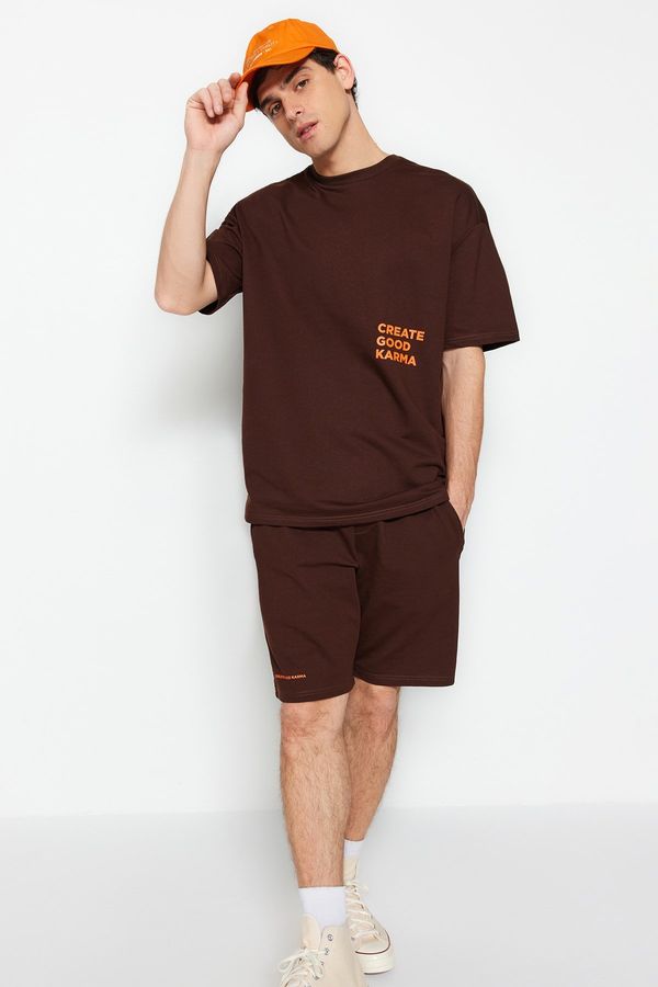 Trendyol Trendyol Brown Tracksuit Set Relaxed/Comfortable Cut Text Printed Cotton