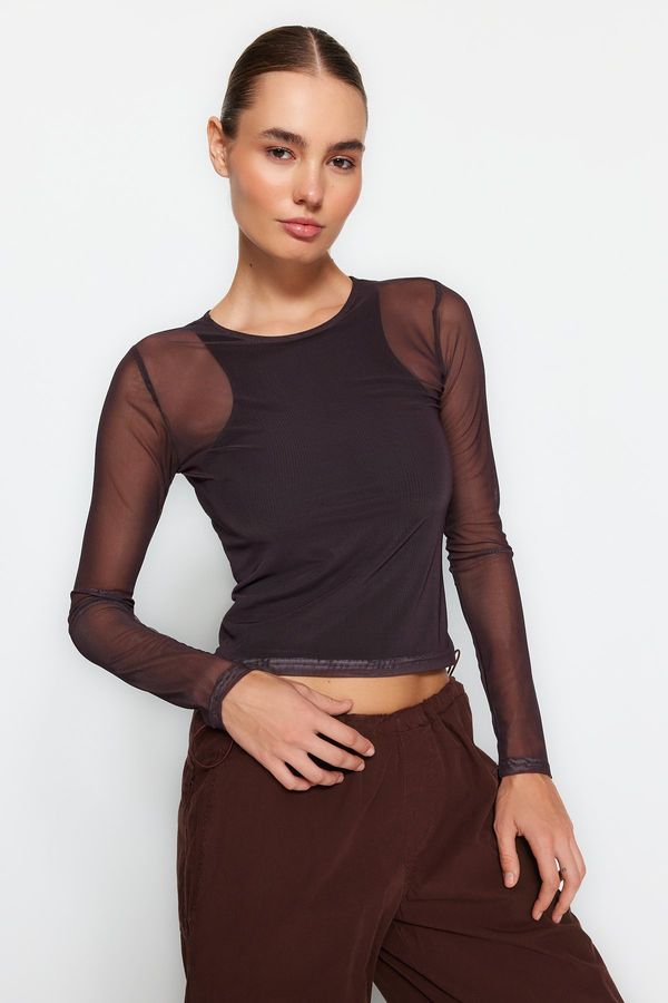 Trendyol Trendyol Brown Tulle Fitted/Sliding Lined Knitted Blouse