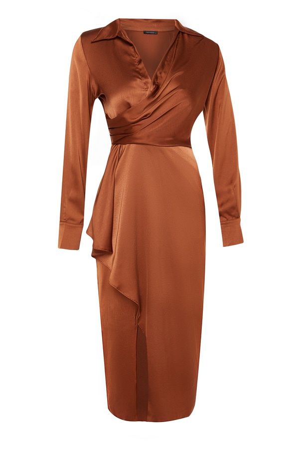 Trendyol Trendyol Brown Wrapped Woven Satin Elegant Evening Dress