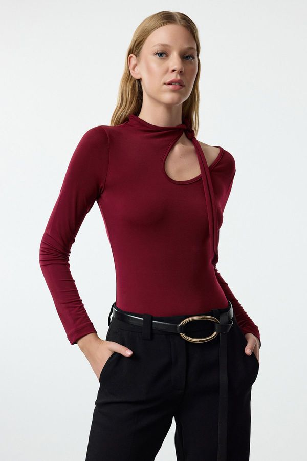 Trendyol Trendyol Burgundy Barbell Neck Fitted Stretchy Knitted Bodysuit