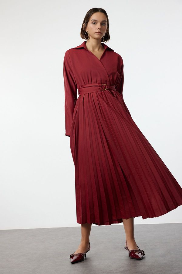 Trendyol Trendyol Burgundy Belted Skirt Pleated Double Breasted Collar Maxi Woven Dress