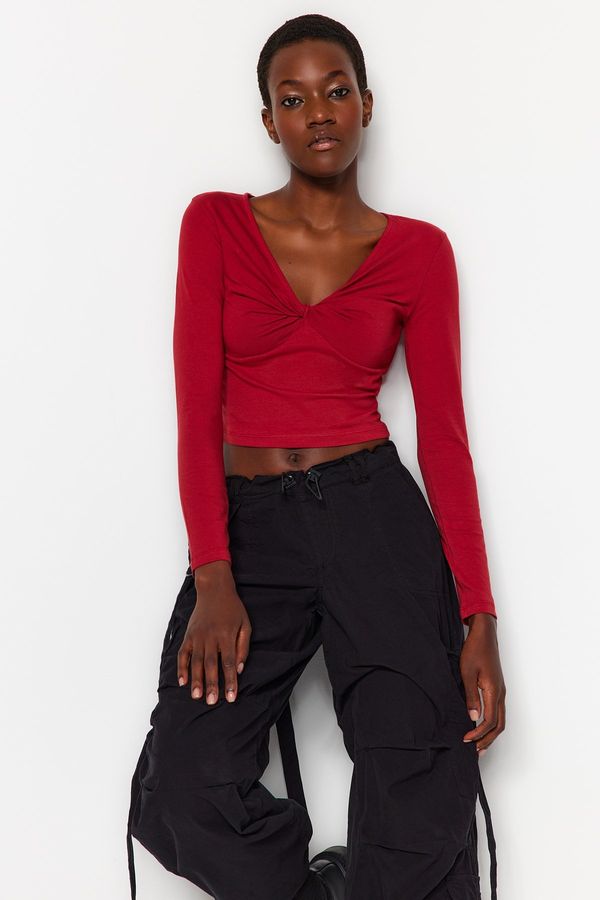 Trendyol Trendyol Burgundy Cotton Stretch Chest Gathered Fitted/Sticky Crop Knitted Blouse