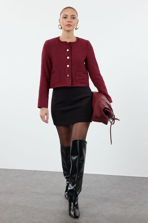 Trendyol Trendyol Burgundy Crop Woven Tweed Jacket