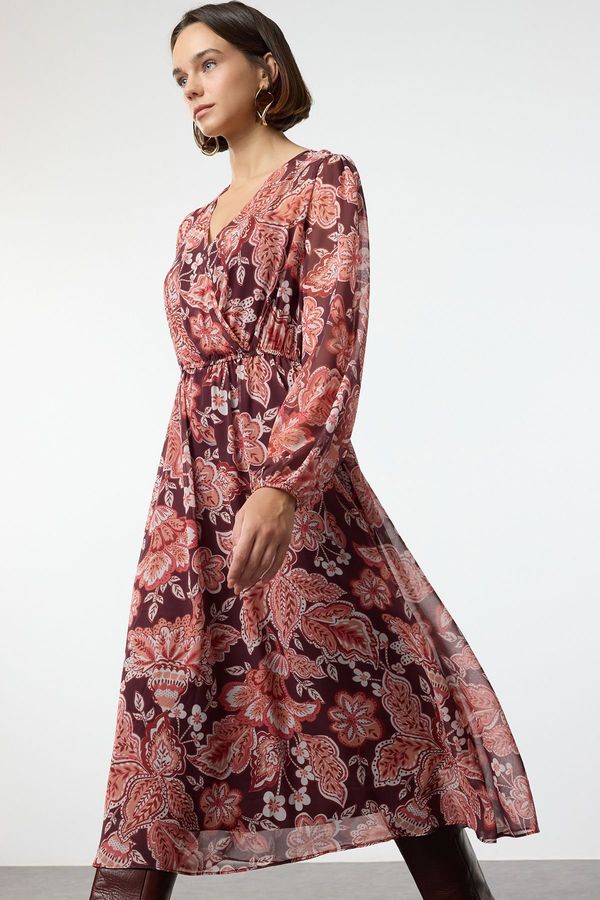 Trendyol Trendyol Burgundy Floral Double Breasted A-Line Midi Chiffon Lined Woven Dress