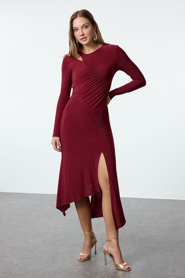 Trendyol Trendyol Burgundy Hem Flounce Detailed Knitted Dress