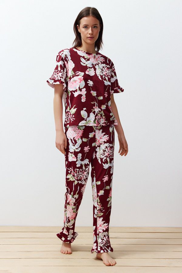 Trendyol Trendyol Burgundy-Multi Color 100% Cotton Floral Ruffle Detail Knitted Pajamas Set