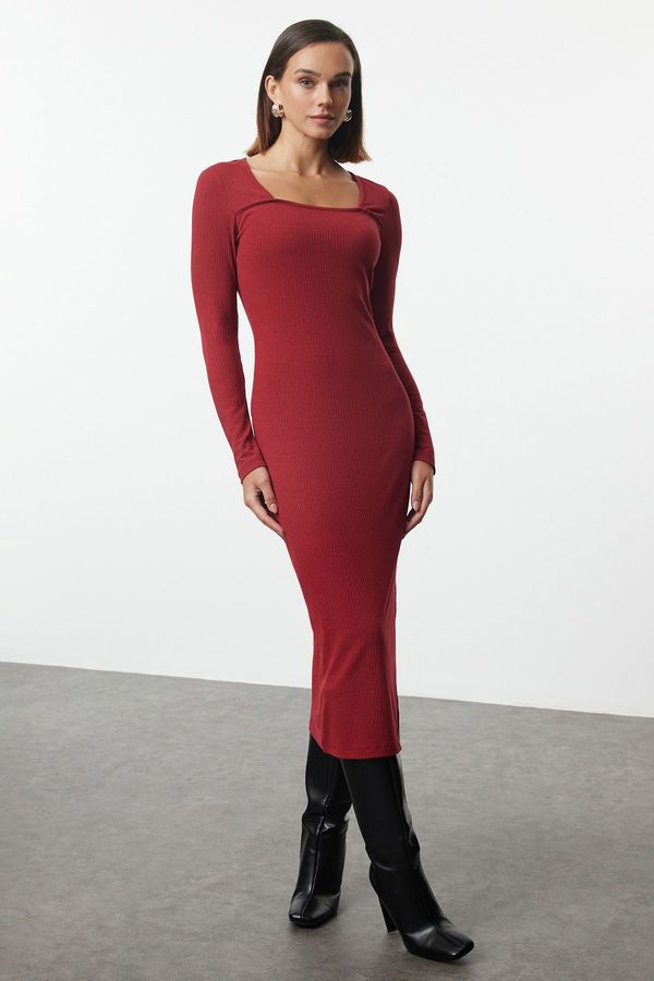 Trendyol Trendyol Burgundy Ribbed Square Neck Fitted Long Sleeve Slit Midi Dress