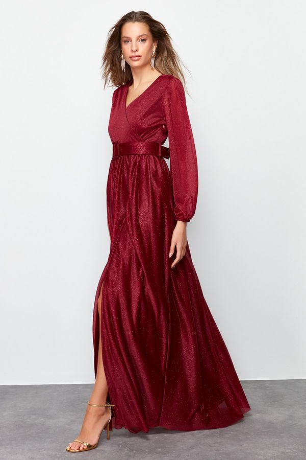 Trendyol Trendyol Burgundy Satin Belt Detailed Long Evening Dress