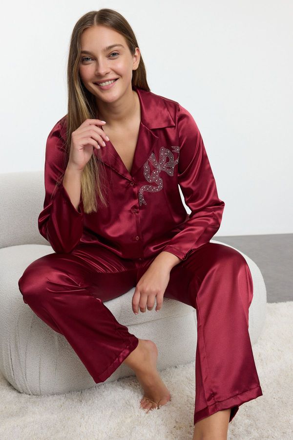 Trendyol Trendyol Burgundy Stone Ribbon/Bow Accessory Detailed Satin Woven Pajama Set