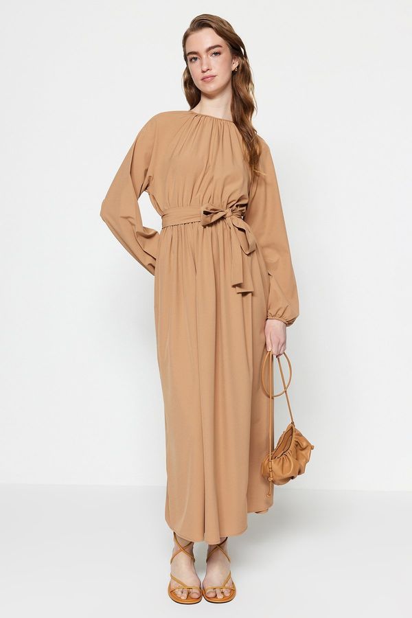 Trendyol Trendyol Camel Belted Gathered Detailed Parachute Fabric Wide Pattern Woven Dress