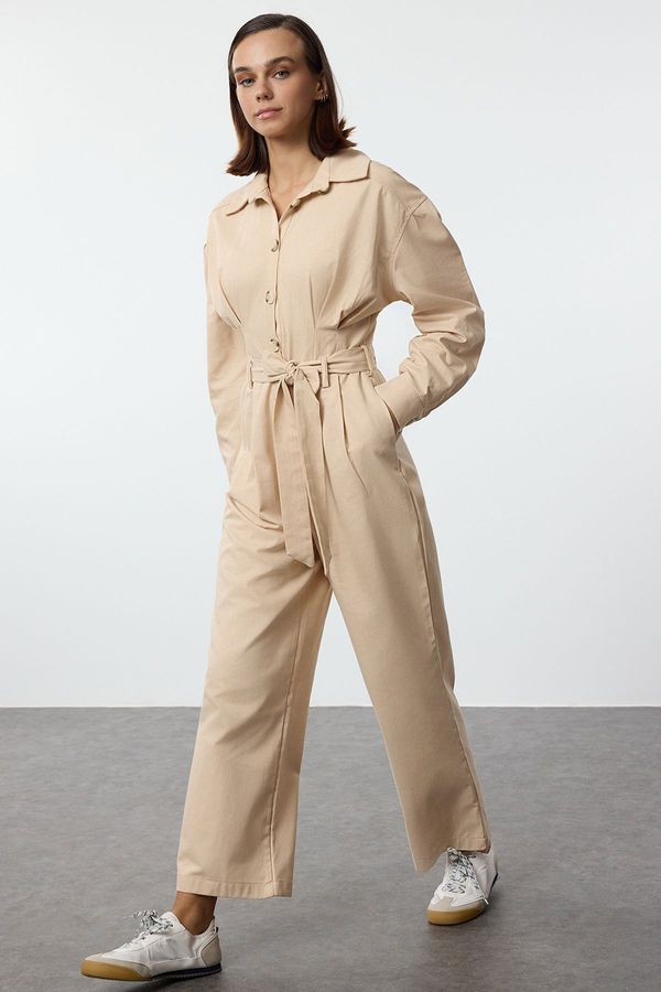 Trendyol Trendyol Camel Belted Waist Detailed Shirt Collar Long Jumpsuit