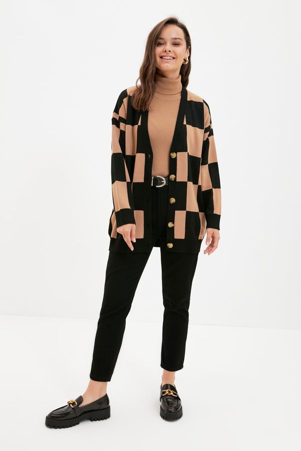 Trendyol Trendyol Camel Checkers Pattern Knitwear Cardigan