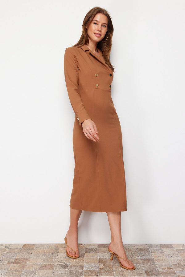 Trendyol Trendyol Camel Double Breasted Collar Button Detailed Woven Dress