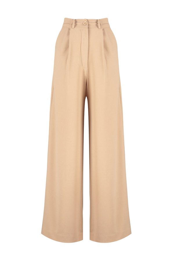Trendyol Trendyol Camel Extra Wide Leg / Wide Leg Pleat Detailed Crepe Fabric Knitted Trousers