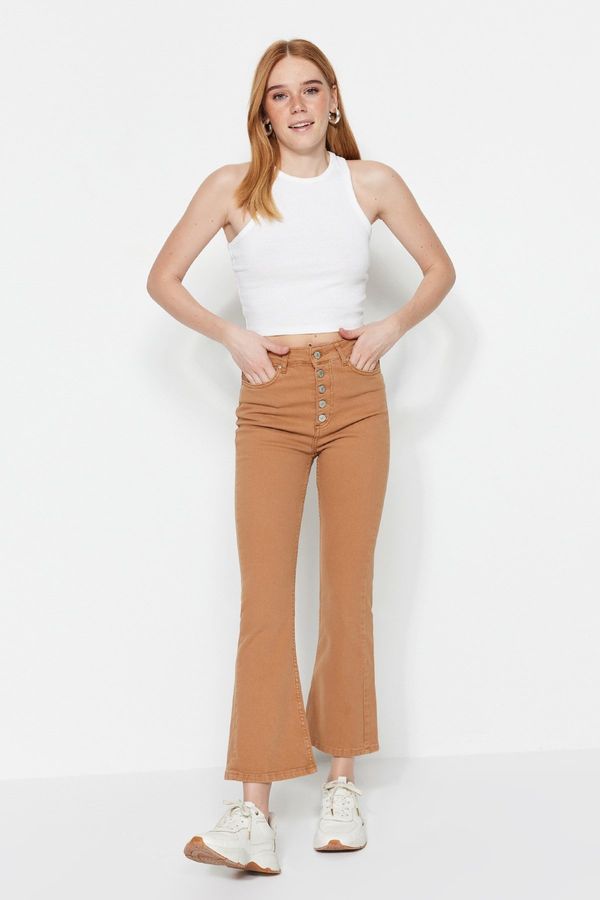 Trendyol Trendyol Camel High Waist Crop Flare Jeans With Buttons In The Front