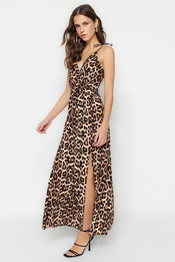 Trendyol Trendyol Camel Leopard Patterned Double Breasted Slit Detailed Maxi Woven Dress