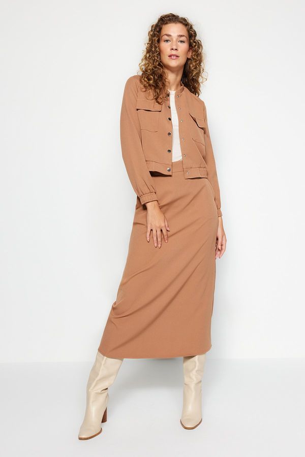 Trendyol Trendyol Camel Pocketed Bomber Jacket-Skirt Woven Fabric Top and Bottom Set