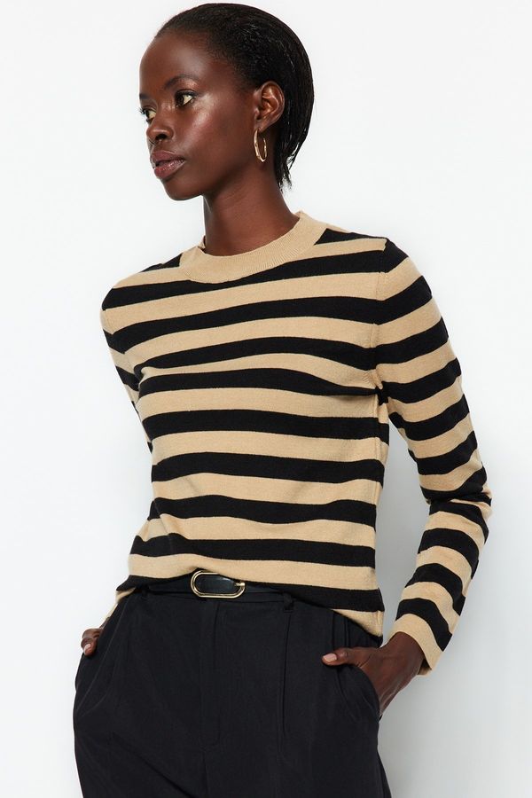 Trendyol Trendyol Camel Premium/Special Yarn Soft Textured Basic Striped Knitwear Sweater