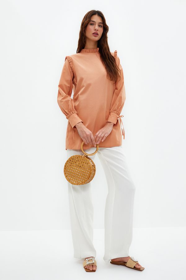 Trendyol Trendyol Camel Shoulder and Cuff Ruffle Woven Cotton Tunic