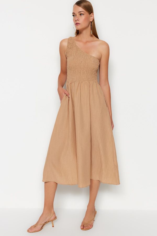 Trendyol Trendyol Camel Waist Opening Top Size Gipeli One Shoulder Midi Woven Dress