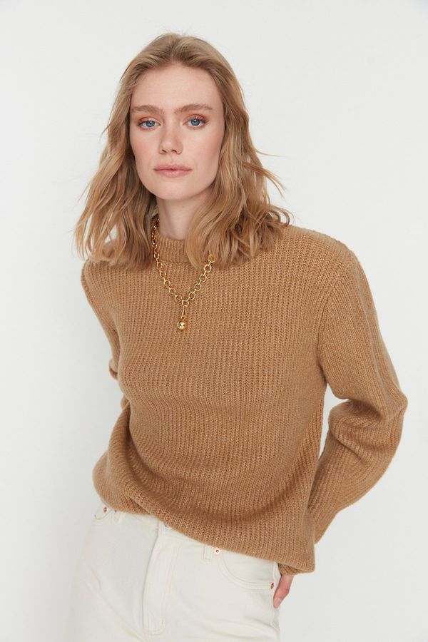 Trendyol Trendyol Camel Wide Fit Soft Textured Basic Knitwear Sweater