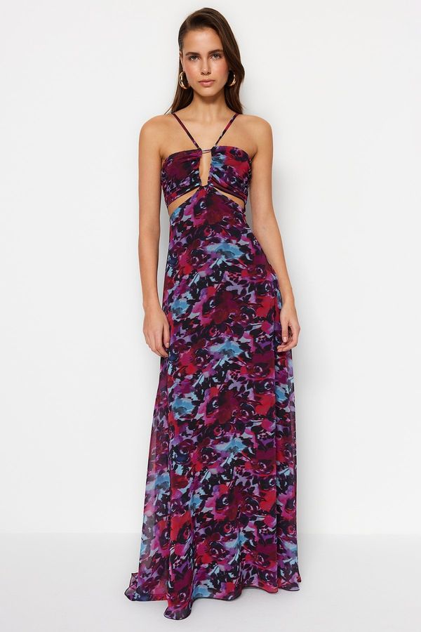 Trendyol Trendyol Chiffon Print Evening Dress With Multicolored Lining Window/Cut Out Detailed