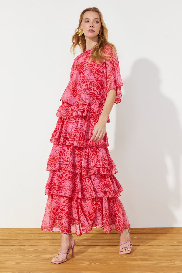 Trendyol Trendyol Chiffon Woven Evening Dress with Tiered Pink Floral Skirt