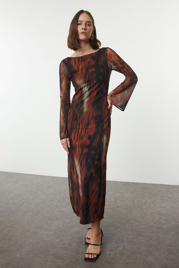 Trendyol Trendyol Cinnamon Abstract Backless Tulle Boat Neck Flexible Maxi Knit Dress