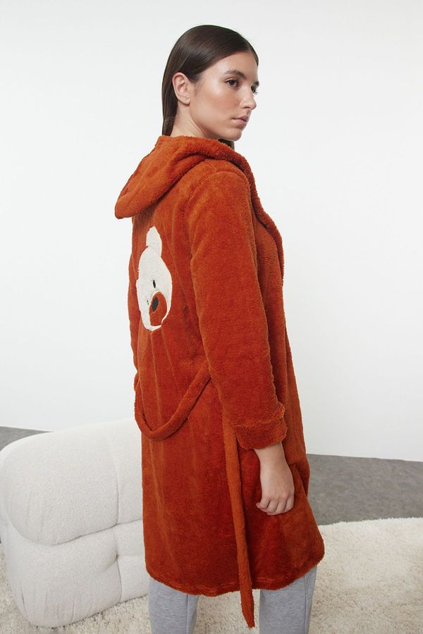 Trendyol Trendyol Cinnamon Belted Wellsoft Back Knitted Dressing Gown with Teddy Bear Embroidery Detail