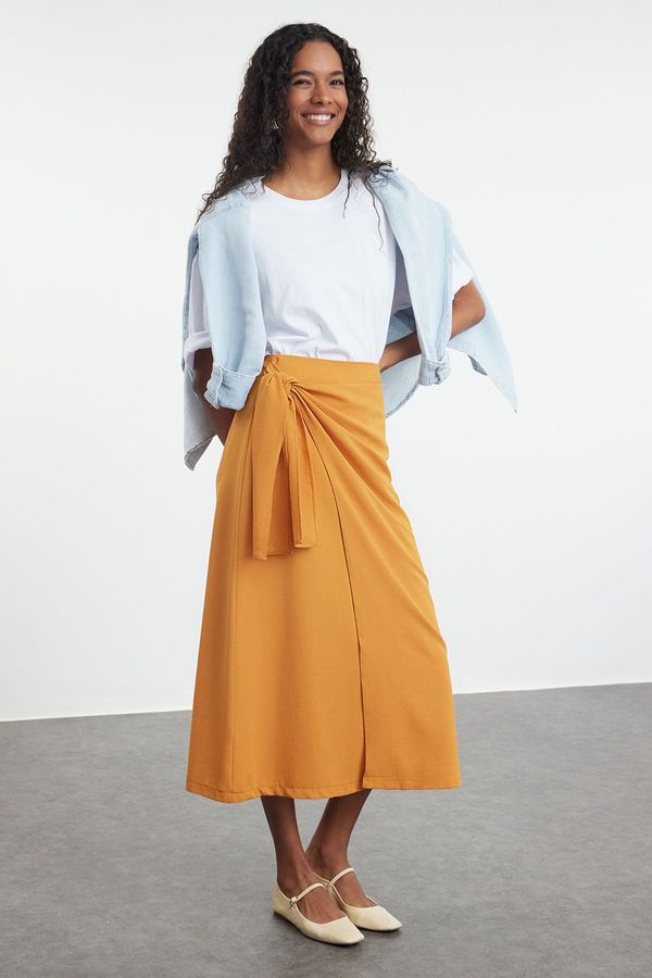 Trendyol Trendyol Cinnamon Double Breasted Tie Detailed Woven Linen Look Skirt